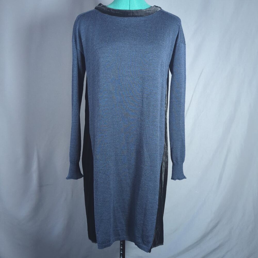 Wrap London Merino Wool Knit Dress Blue Black Silk Trim 90s Minimalist